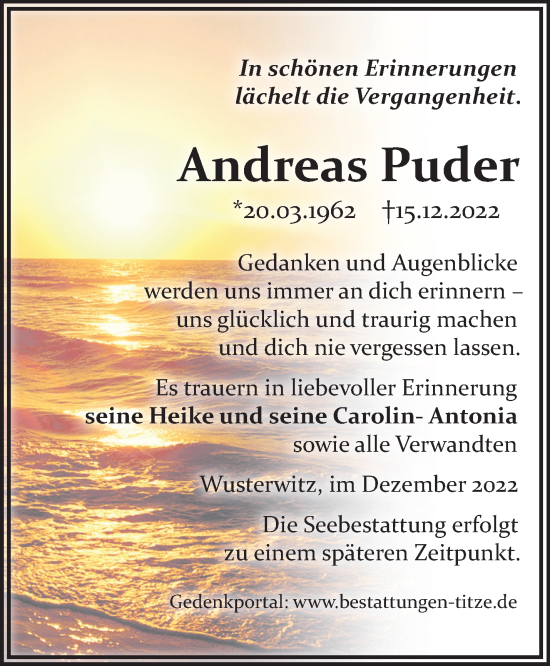 Traueranzeige von Andreas Puder von Märkische Oderzeitung