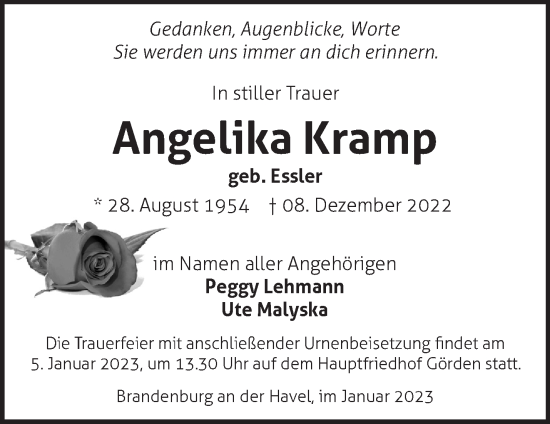 Traueranzeige von Angelika Kramp von Märkische Oderzeitung