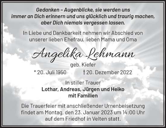 Traueranzeige von Angelika Lehmann von Märkische Oderzeitung