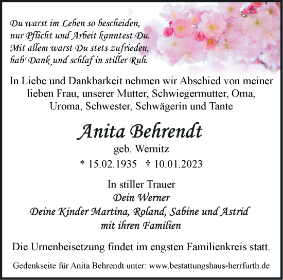 Traueranzeige von Anita Behrendt von Märkische Oderzeitung