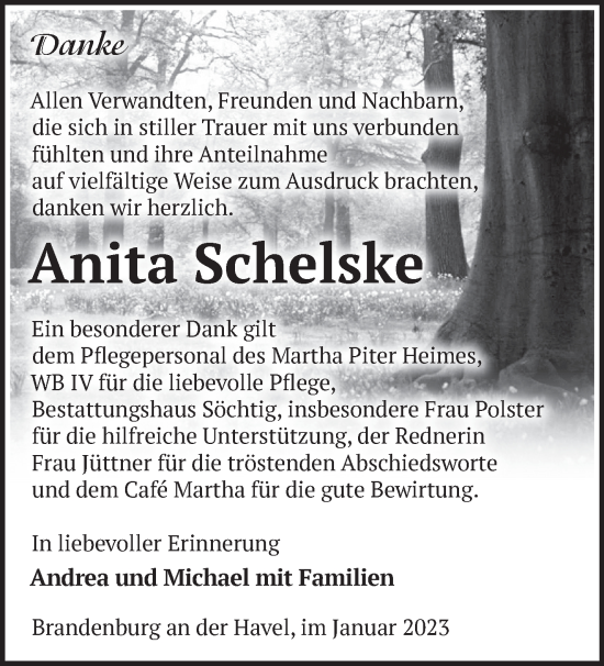 Traueranzeige von Anita Schelske von Märkische Oderzeitung