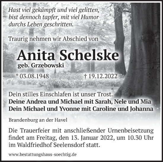 Traueranzeige von Anita Schelske von Märkische Oderzeitung