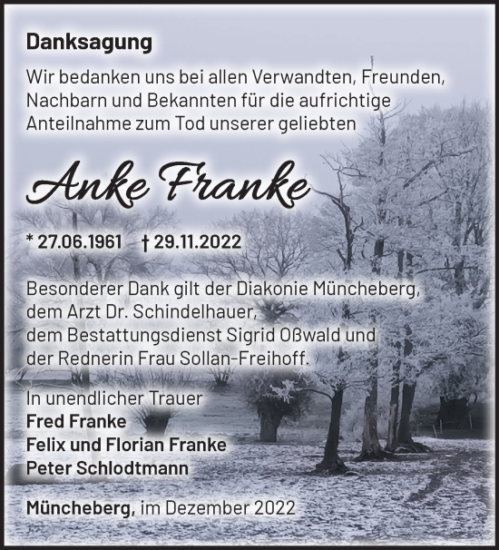 Traueranzeige von Anke Franke von Märkische Oderzeitung