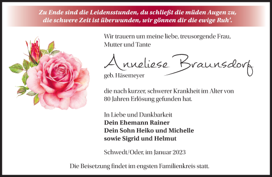 Traueranzeige von Anneliese Braunsdorf von Märkische Oderzeitung