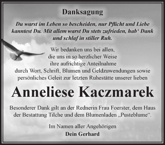 Traueranzeige von Anneliese Kaczmarek von Märkische Oderzeitung