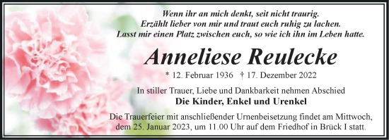 Traueranzeige von Anneliese Reulecke von Märkische Oderzeitung