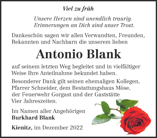 Traueranzeige von Antonio Blank von Märkische Oderzeitung