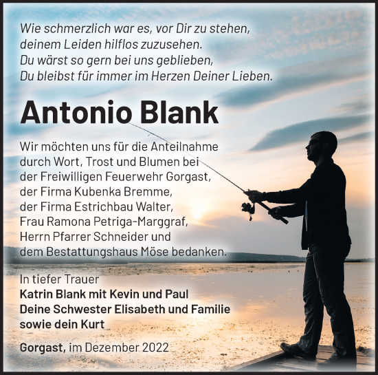 Traueranzeige von Antonio Blank von Märkische Oderzeitung