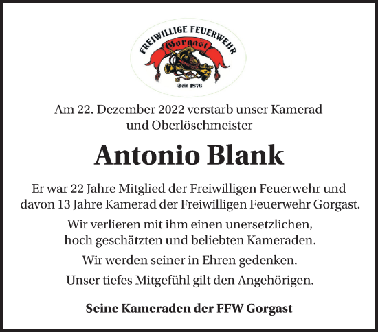 Traueranzeige von Antonio Blank von Märkische Oderzeitung