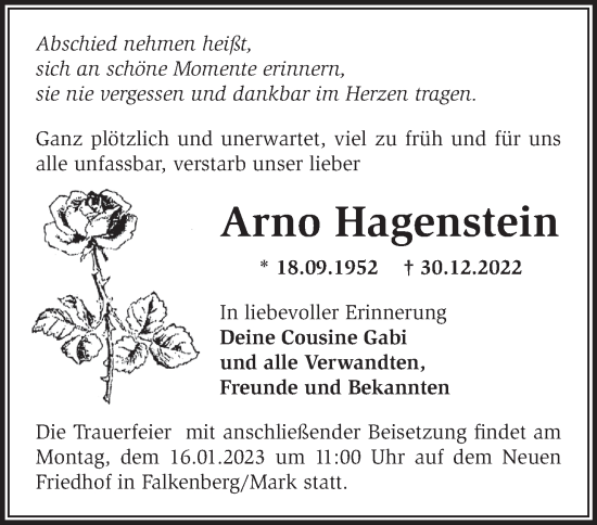 Traueranzeige von Arno Hagenstein von Märkische Oderzeitung