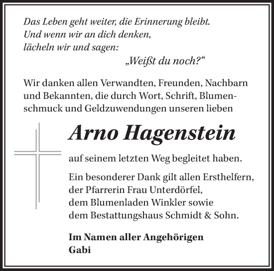 Traueranzeige von Arno Hagenstein von Märkische Oderzeitung