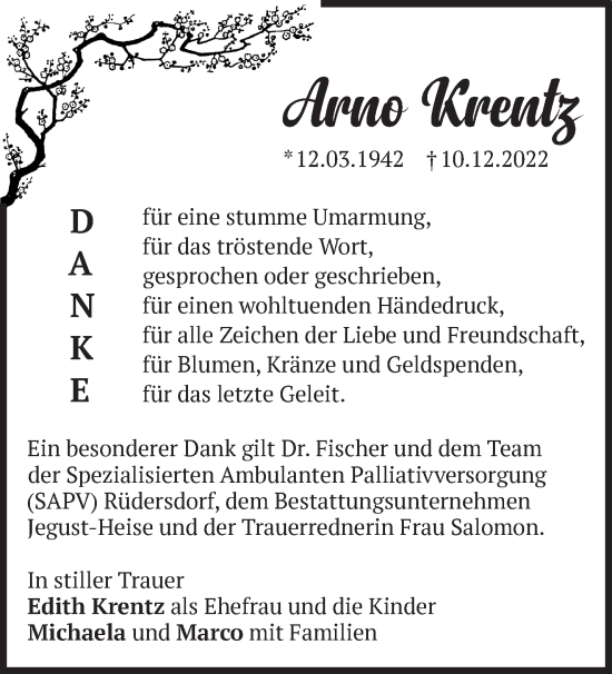 Traueranzeige von Arno Krentz von Märkische Oderzeitung