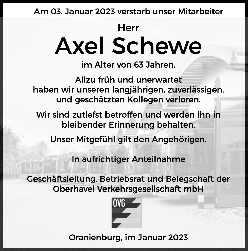  Traueranzeige für Axel Schewe vom 07.01.2023 aus Märkische Oderzeitung