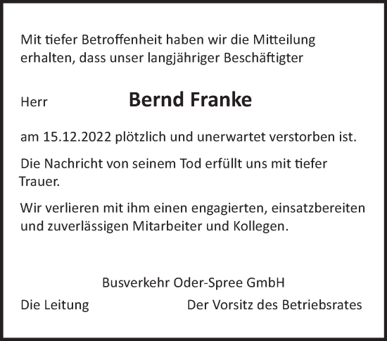 Traueranzeige von Bernd Franke von Märkische Oderzeitung