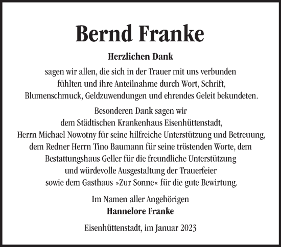 Traueranzeige von Bernd Franke von Märkische Oderzeitung