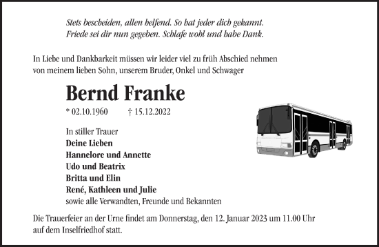 Traueranzeige von Bernd Franke von Märkische Oderzeitung