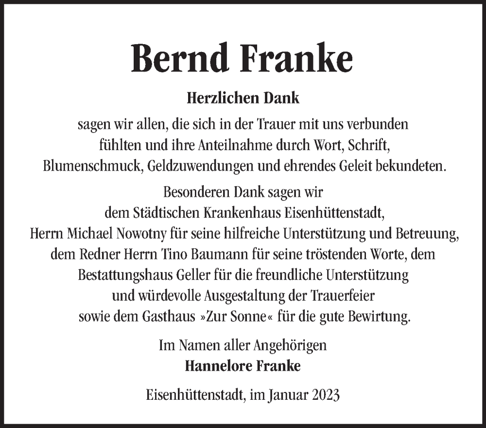  Traueranzeige für Bernd Franke vom 22.01.2023 aus Märkische Oderzeitung