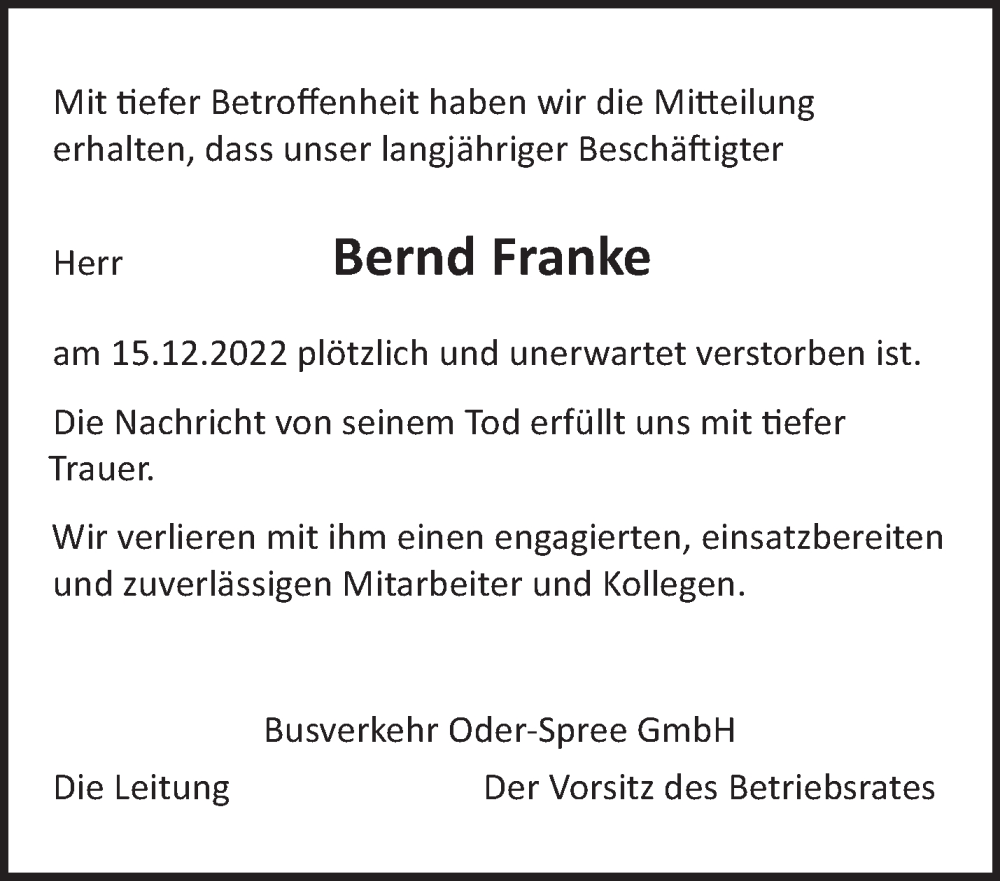  Traueranzeige für Bernd Franke vom 18.01.2023 aus Märkische Oderzeitung
