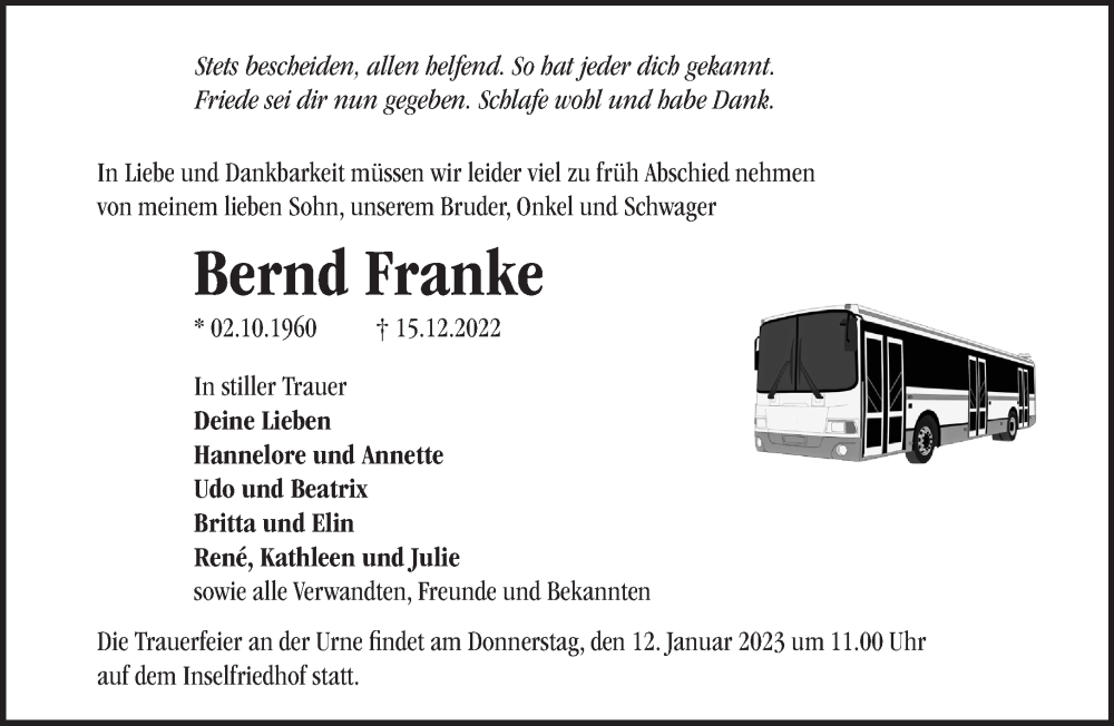  Traueranzeige für Bernd Franke vom 01.01.2023 aus Märkische Oderzeitung