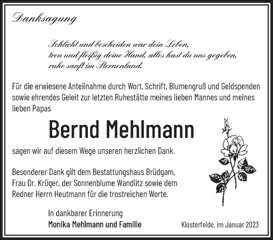 Traueranzeige von Bernd Mehlmann von Märkische Oderzeitung