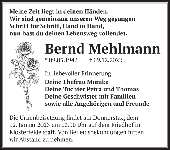 Traueranzeige von Bernd Mehlmann von Märkische Oderzeitung