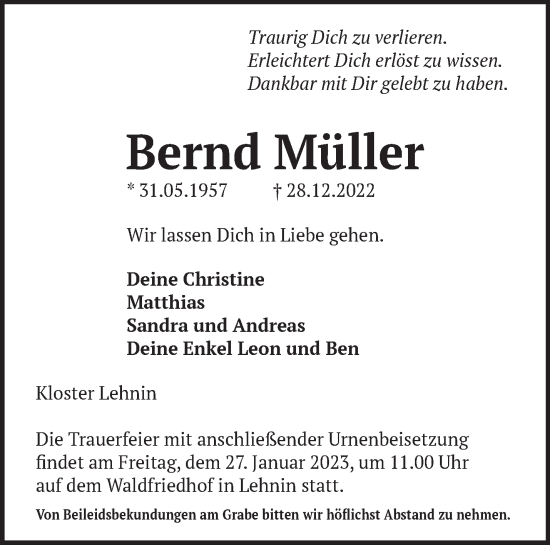 Traueranzeige von Bernd Müller von Märkische Oderzeitung