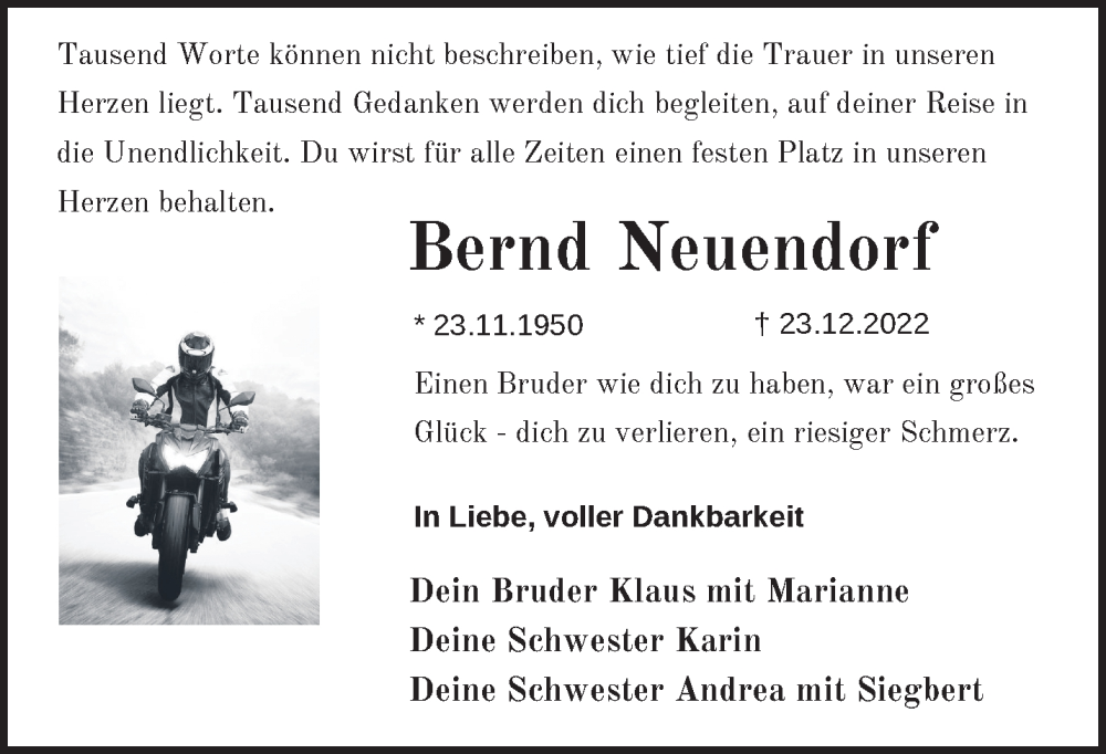  Traueranzeige für Bernd Neuendorf vom 15.01.2023 aus Märkische Oderzeitung