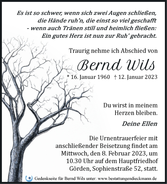 Traueranzeige von Bernd Wils von Märkische Oderzeitung