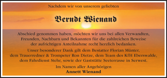 Traueranzeige von Berndt Wienand von Märkische Oderzeitung