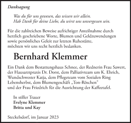 Traueranzeige von Bernhard Klemmer von Märkische Oderzeitung