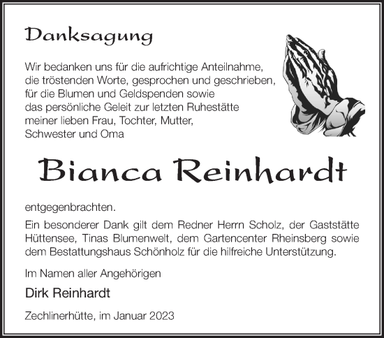 Traueranzeige von Bianca Reinhardt von Märkische Oderzeitung