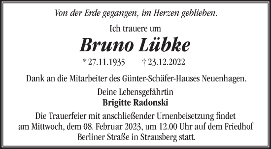 Traueranzeige von Bruno Lübke von Märkische Oderzeitung