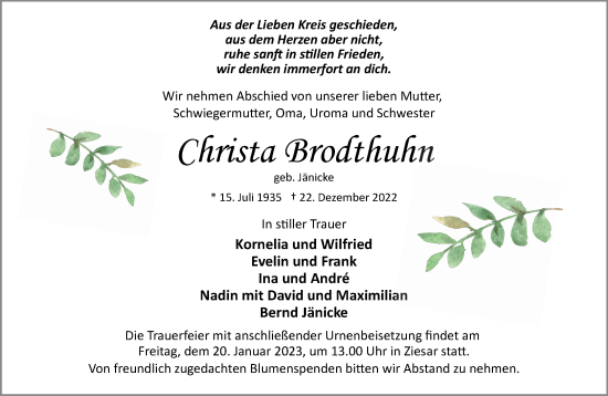 Traueranzeige von Christa Brodthuhn von Märkische Oderzeitung