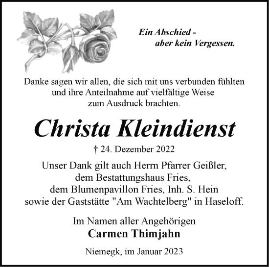Traueranzeigen Von Christa Kleindienst Märkische Onlinezeitung Trauerportal 