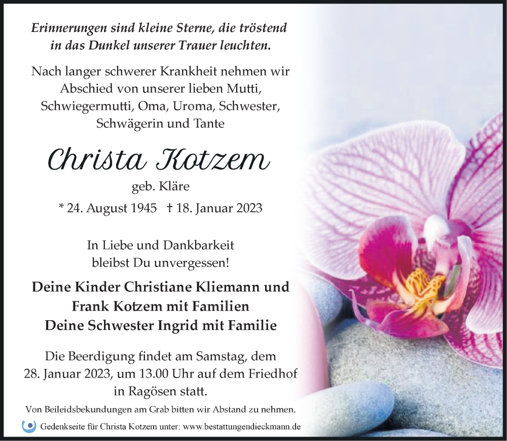  Traueranzeige für Christa Kotzem vom 25.01.2023 aus Märkische Oderzeitung