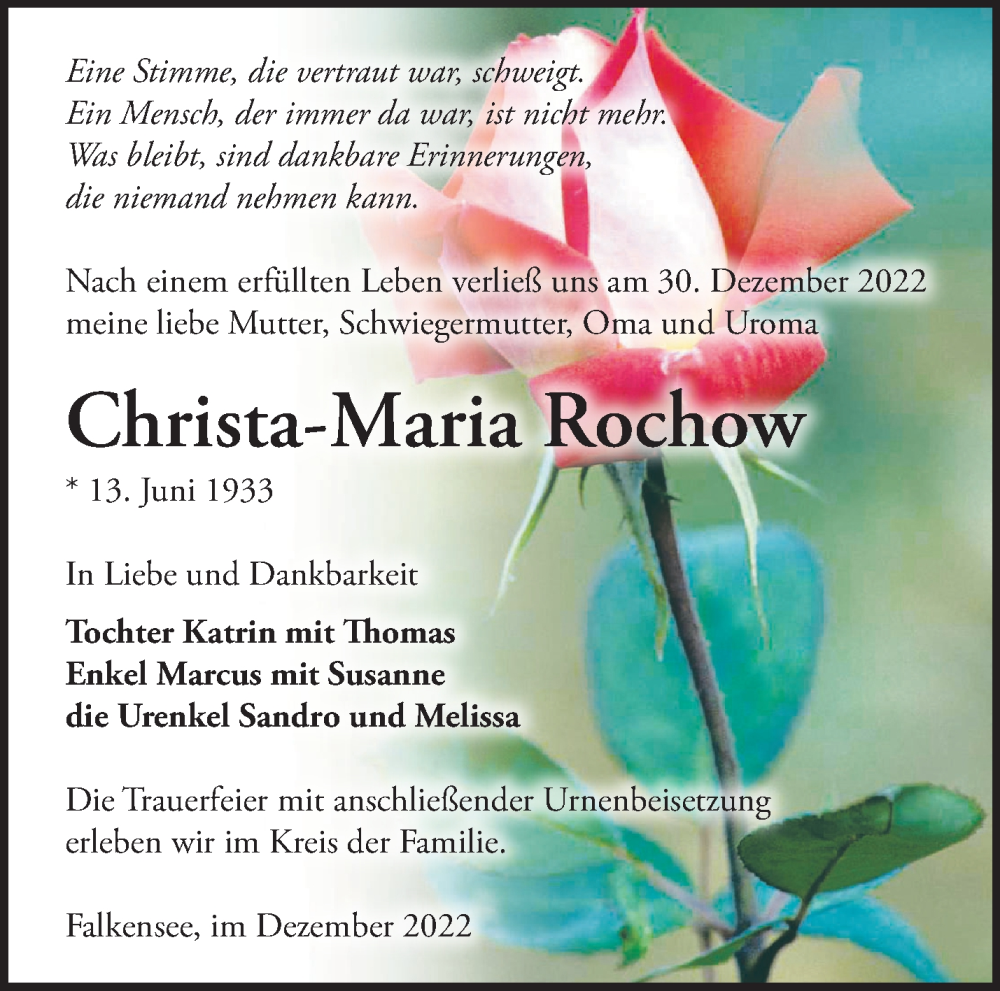 Traueranzeigen Von Christa Maria Rochow Märkische Onlinezeitung Trauerportal 