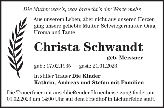 Traueranzeige von Christa Schwandt von Märkische Oderzeitung