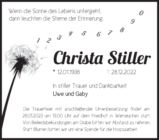 Traueranzeige von Christa Stiller von Märkische Oderzeitung