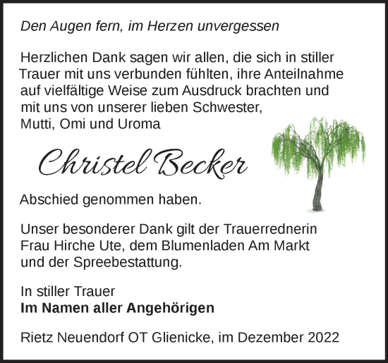 Traueranzeige von Christel Becker von Märkische Oderzeitung