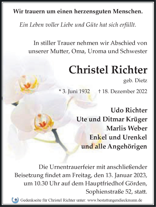 Traueranzeige von Christel Richter von Märkische Oderzeitung