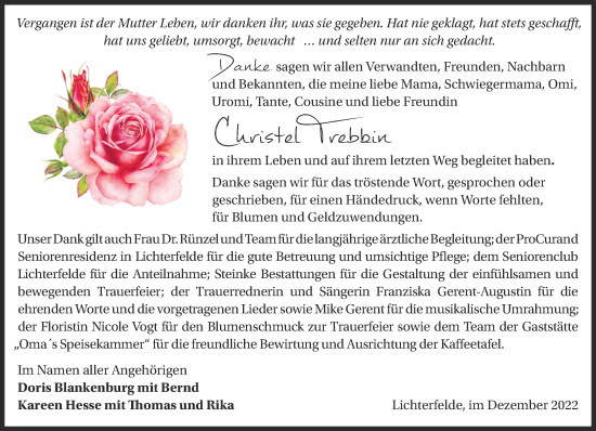 Traueranzeige von Christel Trebbin von Märkische Oderzeitung