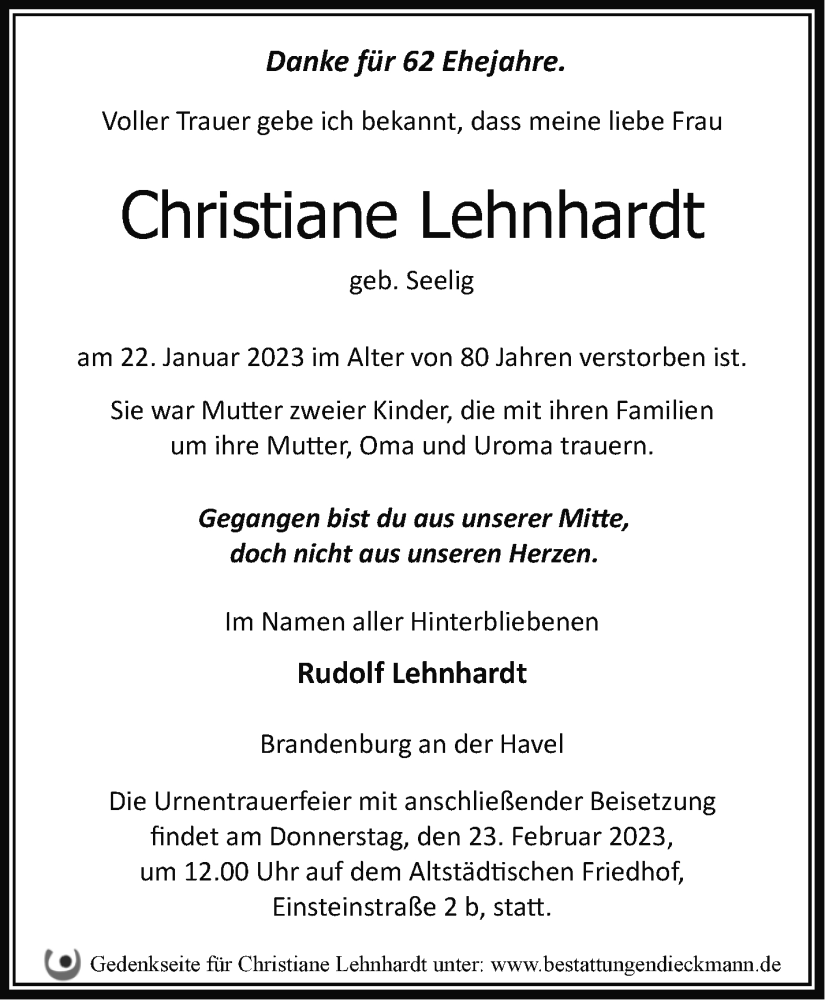  Traueranzeige für Christiane Lehnhardt vom 29.01.2023 aus Märkische Oderzeitung
