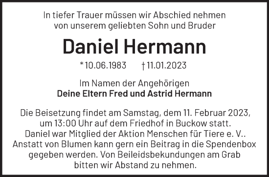 Traueranzeige von Daniel Hermann von Märkische Oderzeitung