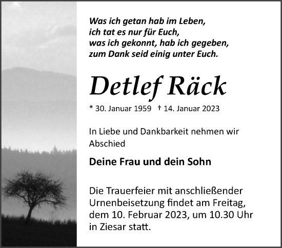 Traueranzeige von Detlef Räck von Märkische Oderzeitung