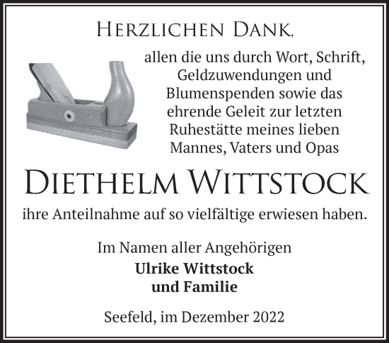 Traueranzeige von Diethelm Wittstock von Märkische Oderzeitung