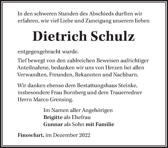 Traueranzeige von Dietrich Schulz von Märkische Oderzeitung