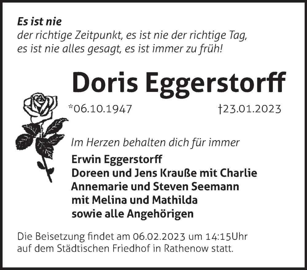  Traueranzeige für Doris Eggerstorff vom 29.01.2023 aus Märkische Oderzeitung