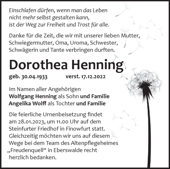 Traueranzeige von Dorothea Henning von Märkische Oderzeitung