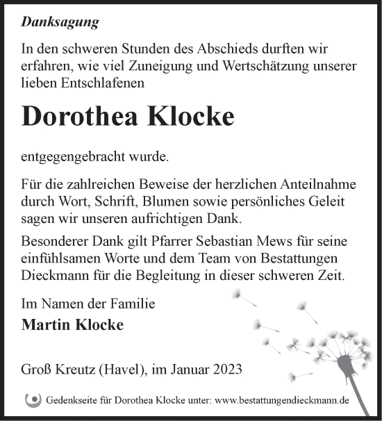 Traueranzeige von Dorothea Klocke von Märkische Oderzeitung