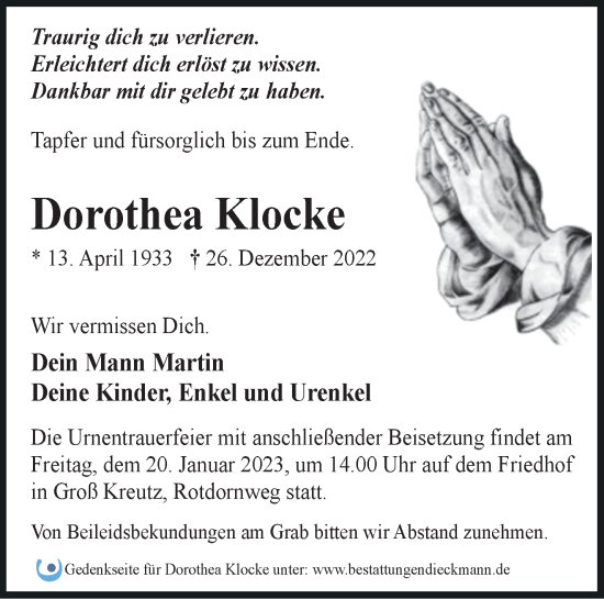 Traueranzeige von Dorothea Klocke von Märkische Oderzeitung